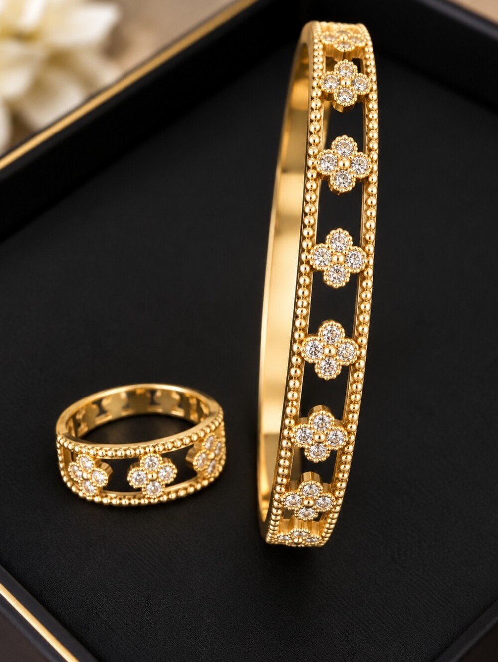 22kgp Dubai Jewelry- Elegant Gold and Silver Women's Bracelet Set with Ring